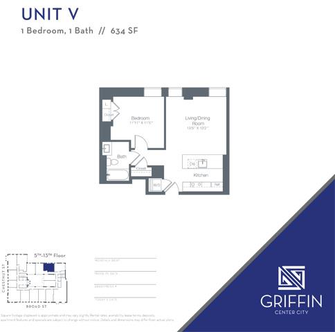 Floor plan for 1 bed, 1 bath, 634 sqft